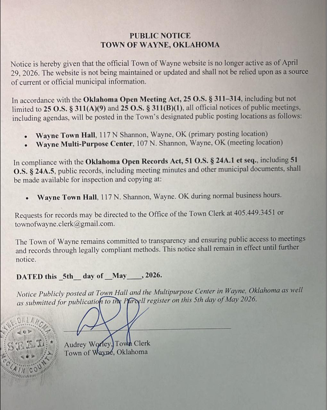 Official Public Notice from Town of Wayne dated May 5, 2026, announcing the discontinuation of the official town website